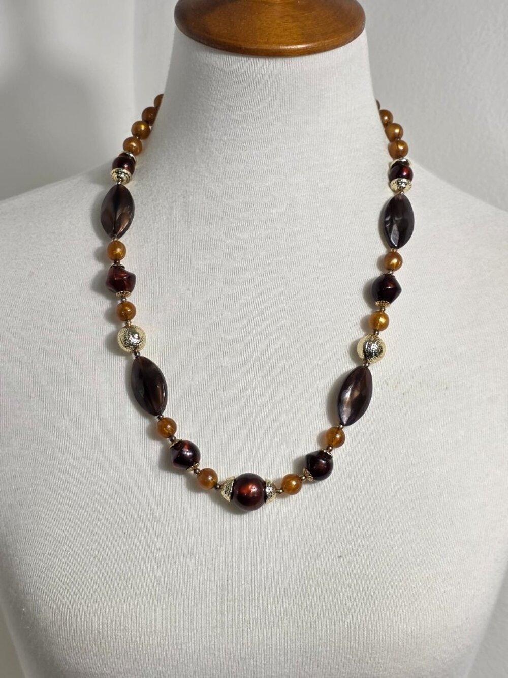 Vintage Style Genuine Lucite Beaded Necklace Amber, Brown & Burgundy Palette